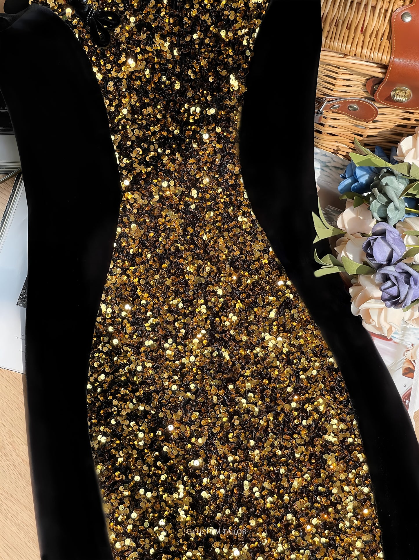 Gold sequined black velvet cheongsam dress