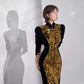 Gold sequined black velvet cheongsam dress