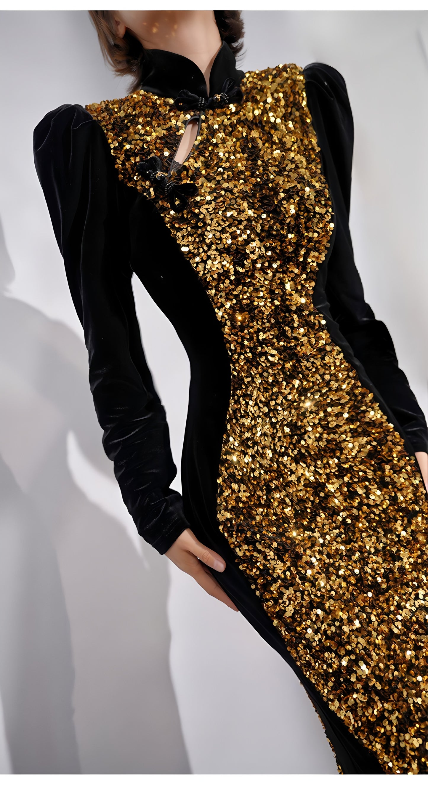 Gold sequined black velvet cheongsam dress