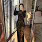Gold sequined black velvet cheongsam dress