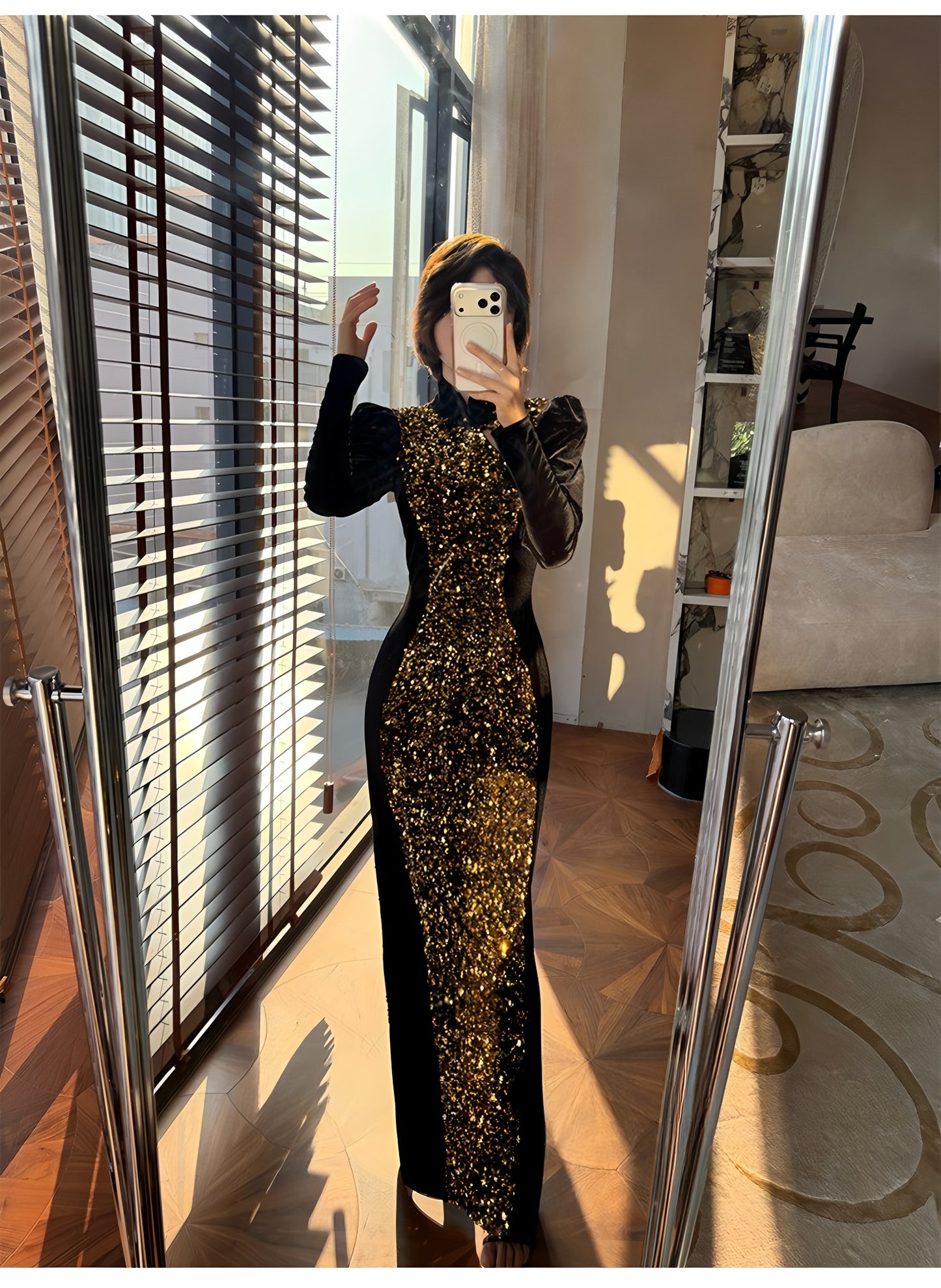 Gold sequined black velvet cheongsam dress