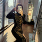 Gold sequined black velvet cheongsam dress