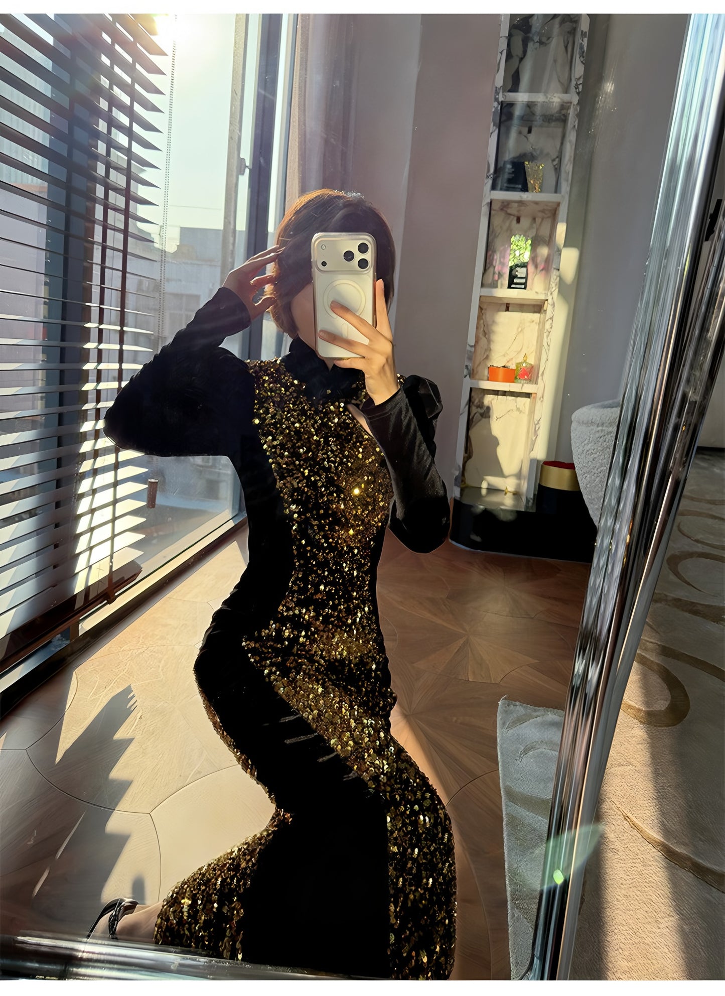 Gold sequined black velvet cheongsam dress