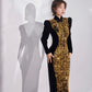 Gold sequined black velvet cheongsam dress