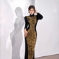 Gold sequined black velvet cheongsam dress