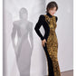 Gold sequined black velvet cheongsam dress