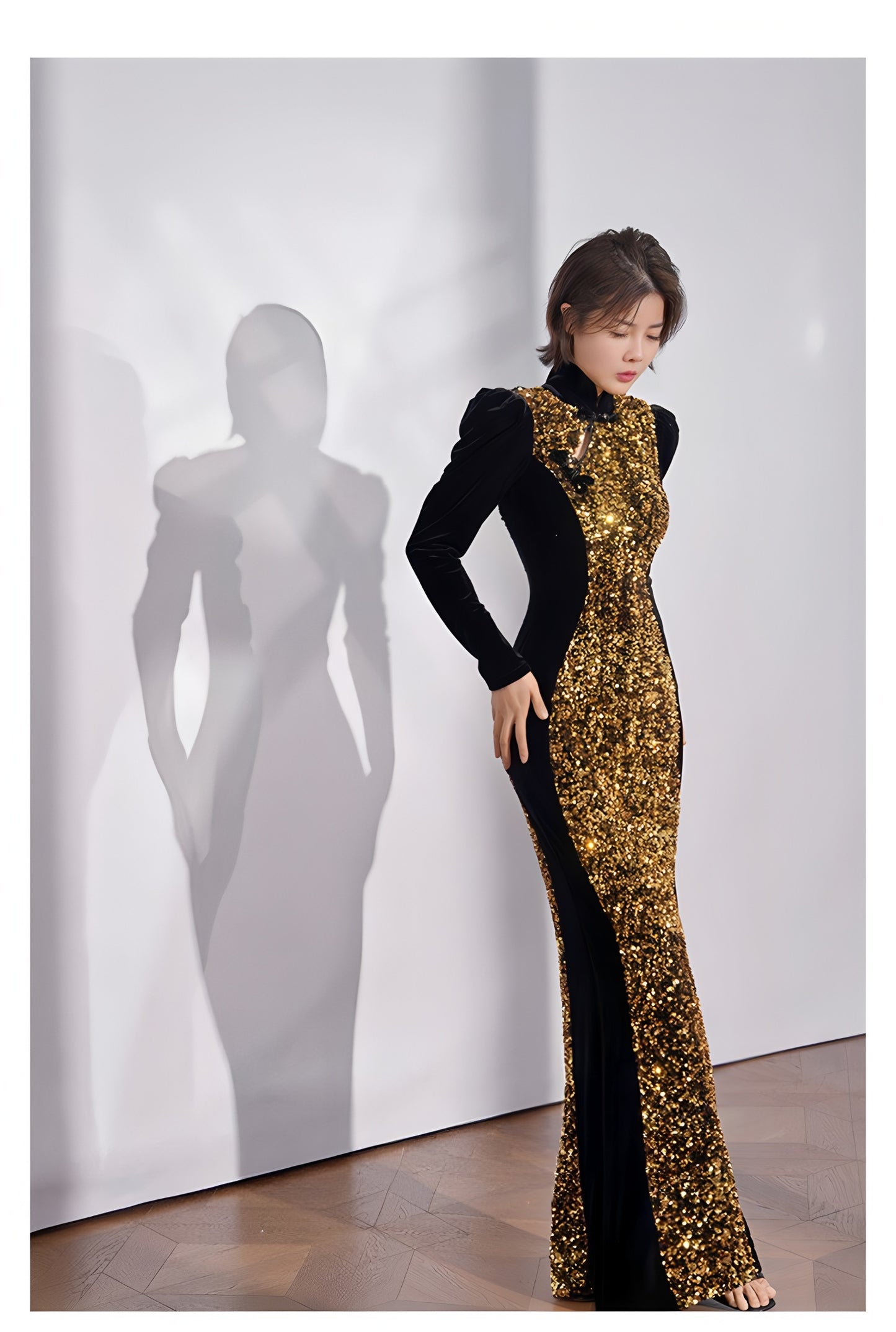 Gold sequined black velvet cheongsam dress
