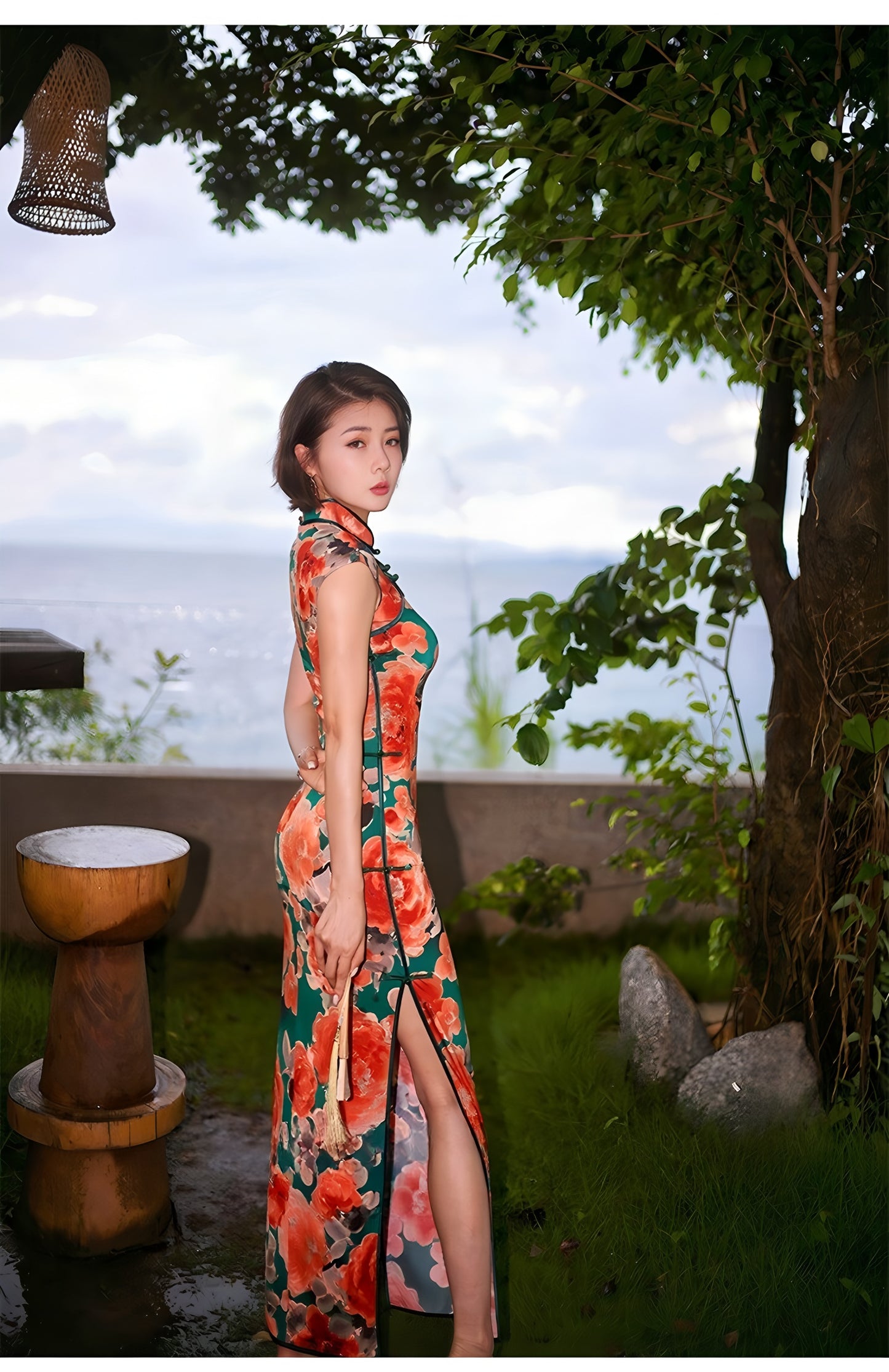 Modern qipao gown with red floral patterns