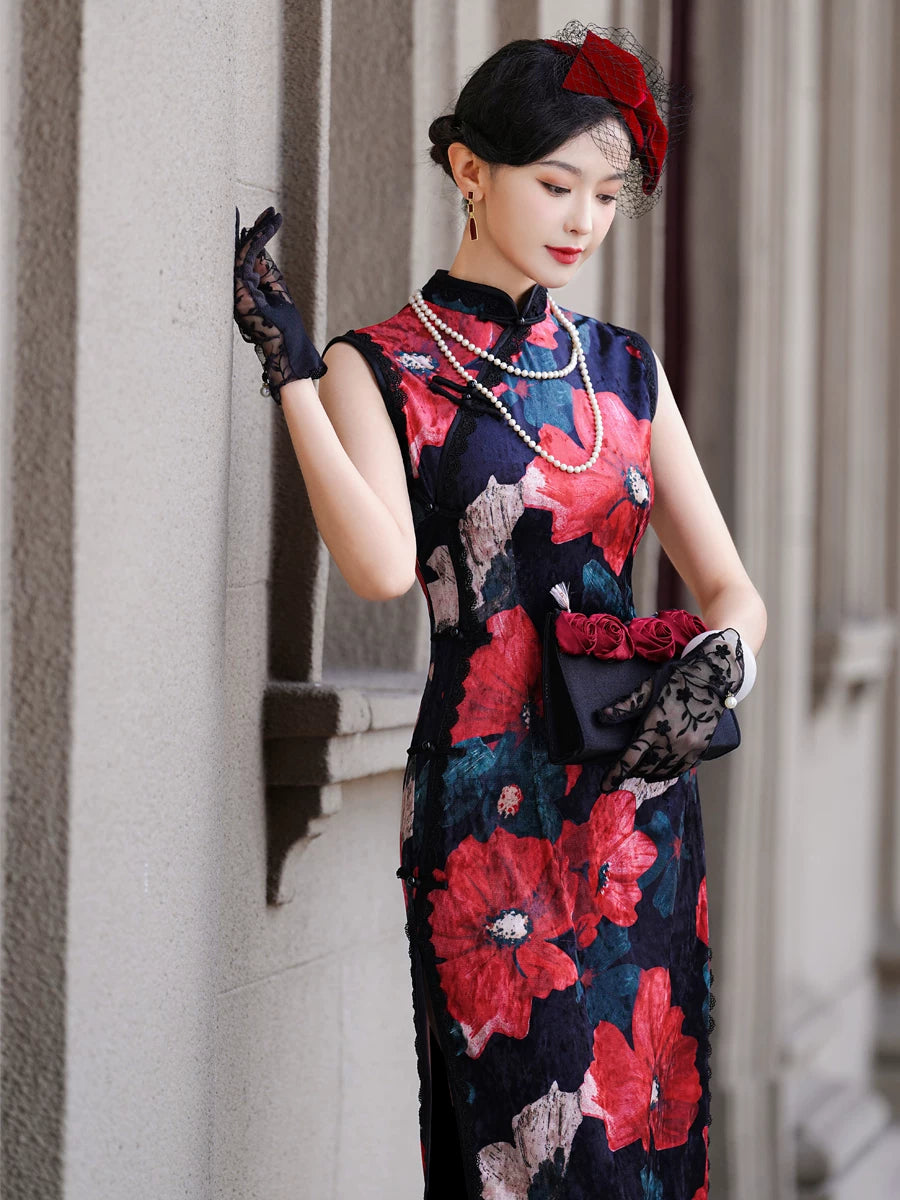 Modern Sleeveless Qipao Gown with Red Floral Print