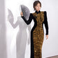Gold sequined black velvet cheongsam dress