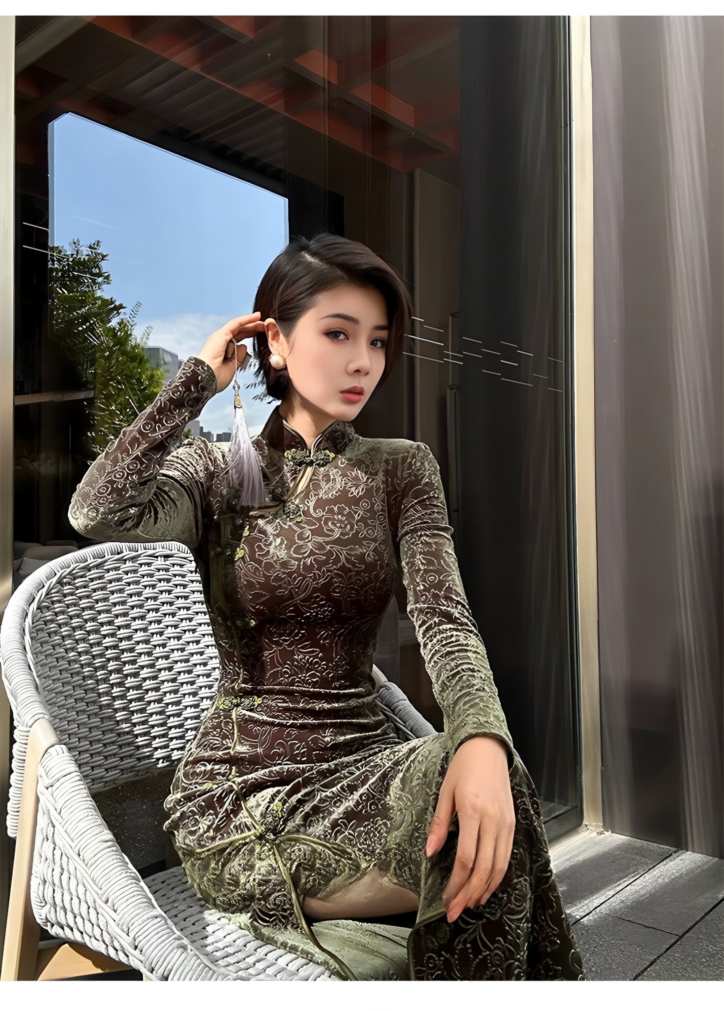 Carved velvet cheongsam dress