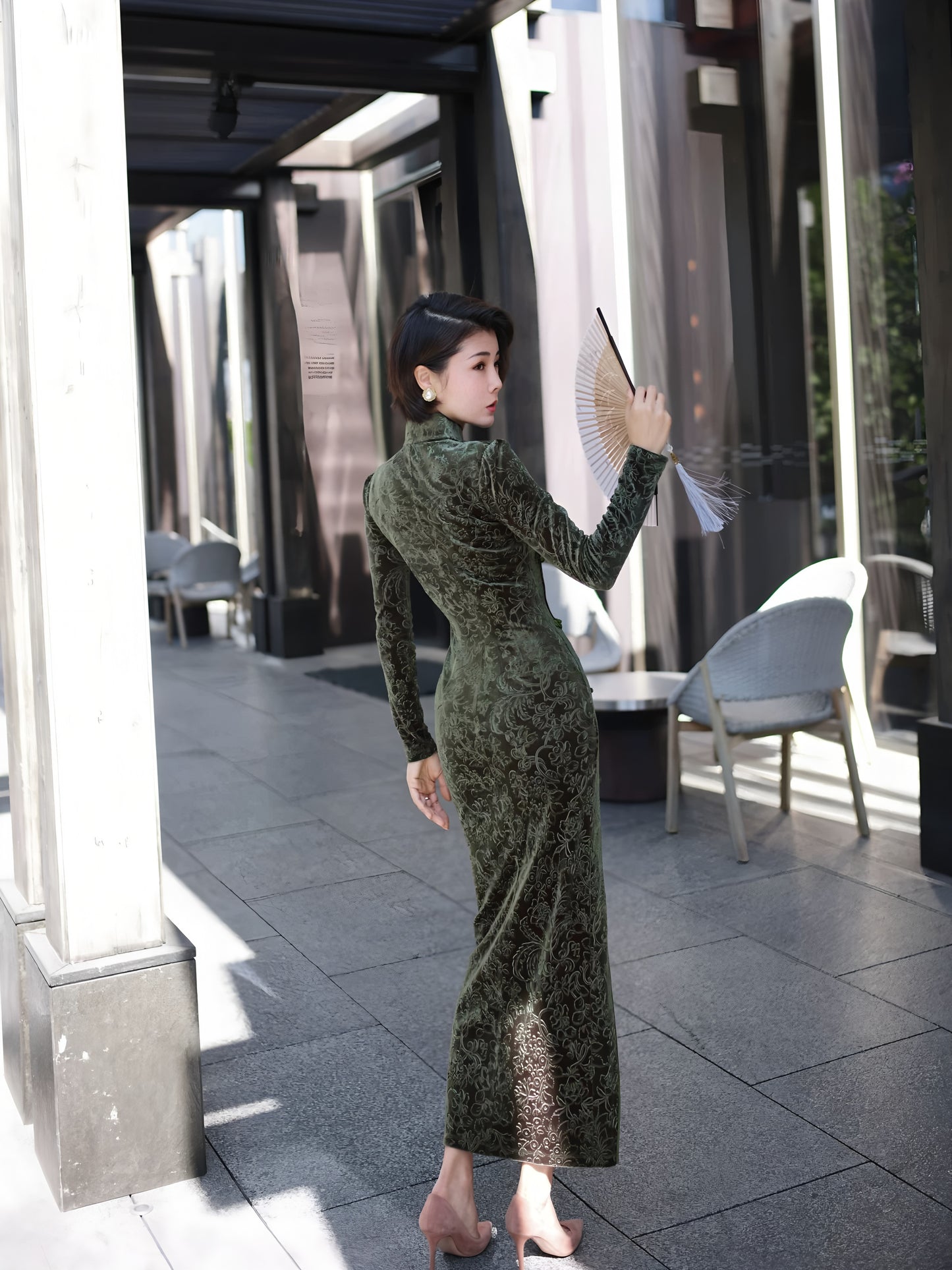 Carved velvet cheongsam dress