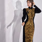Gold sequined black velvet cheongsam dress