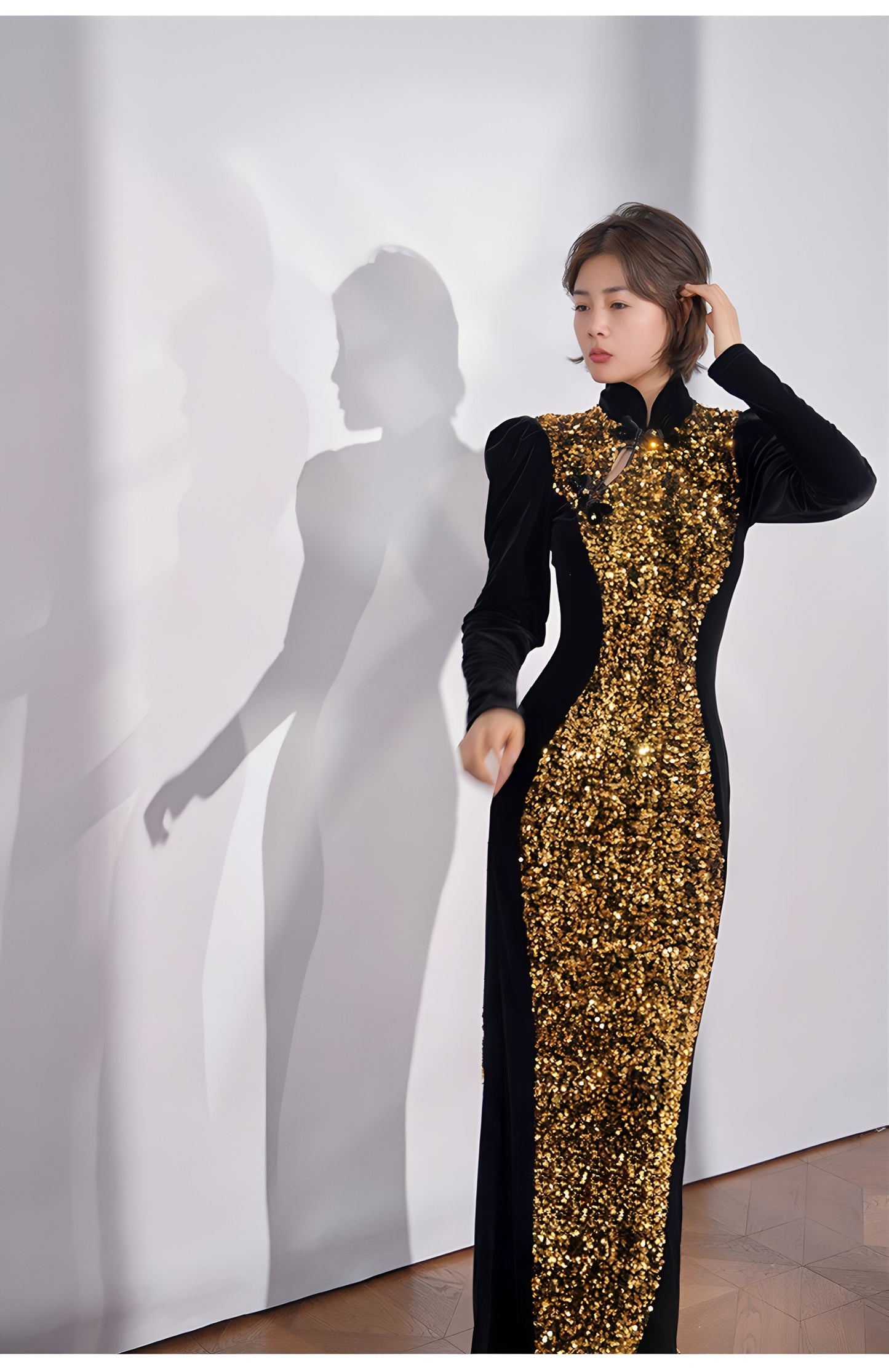 Gold sequined black velvet cheongsam dress