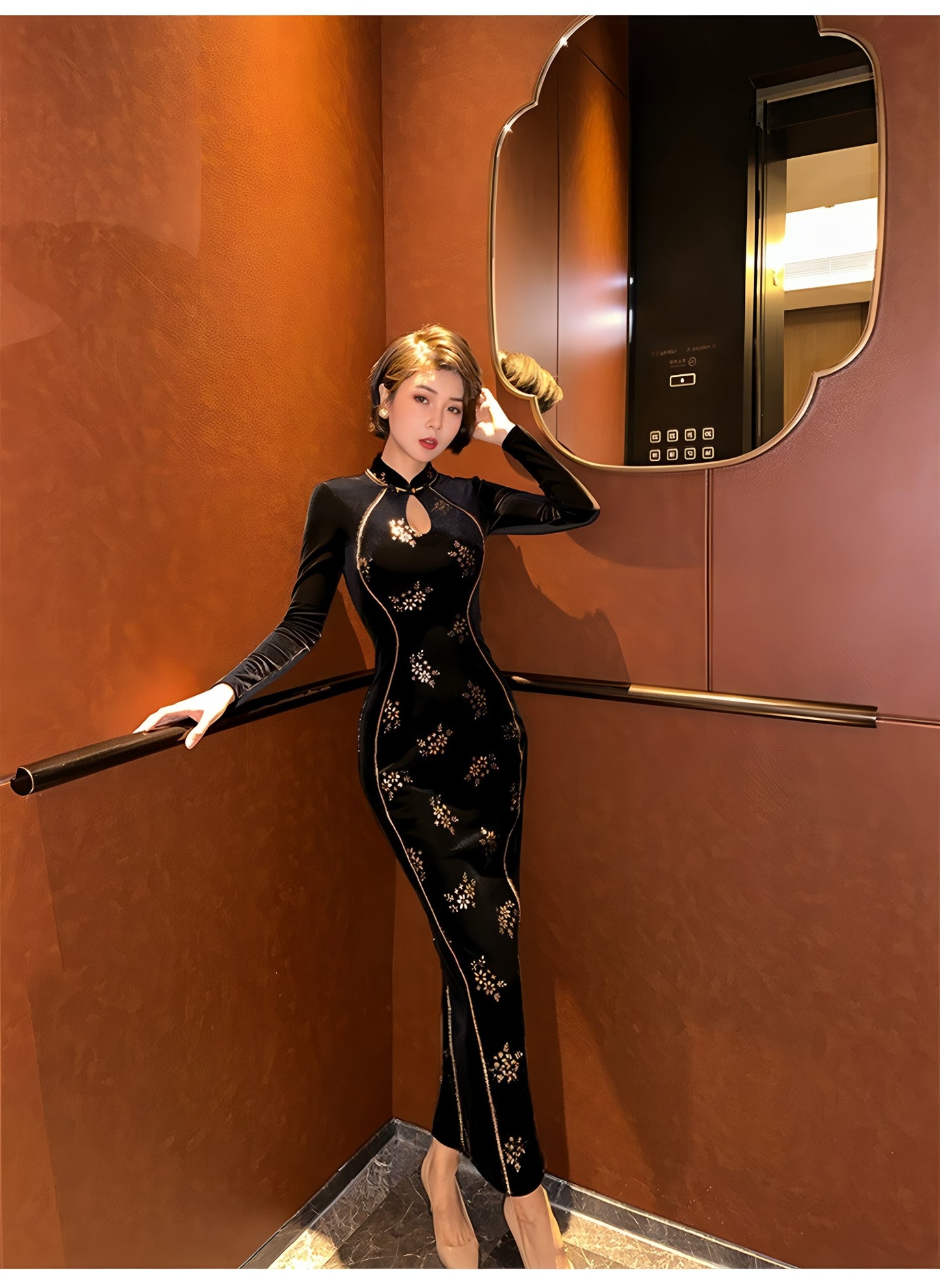 Elegant, retro, and sexy cheongsam in gold velvet