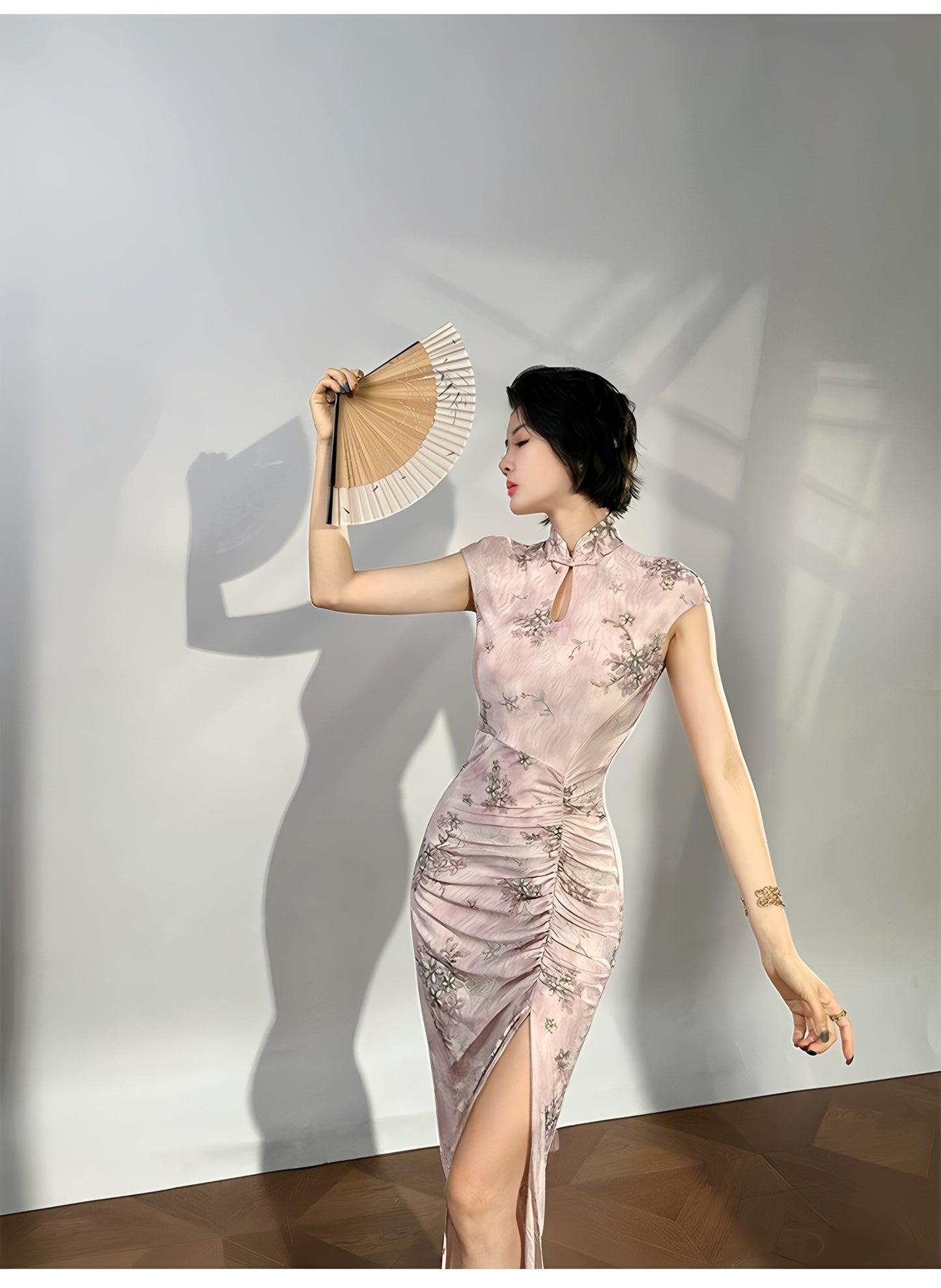 Modern qipao gown with a pink floral pattern