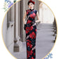Modern Sleeveless Qipao Gown with Red Floral Print