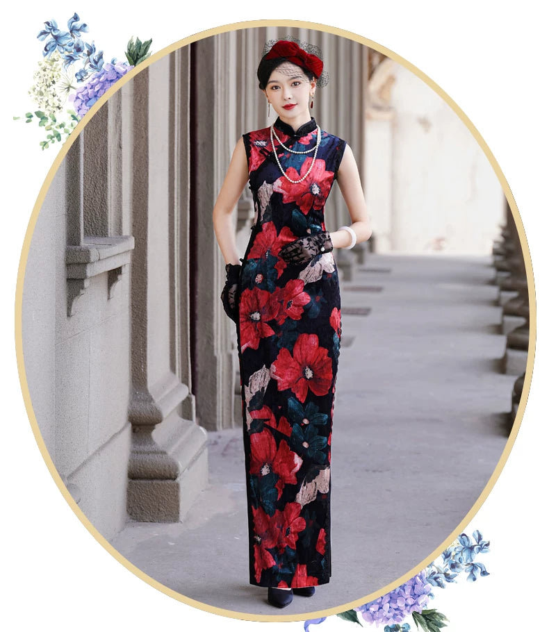 Modern Sleeveless Qipao Gown with Red Floral Print