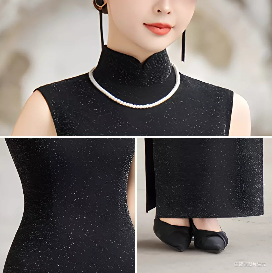Black velvet sleeveless qipao gown