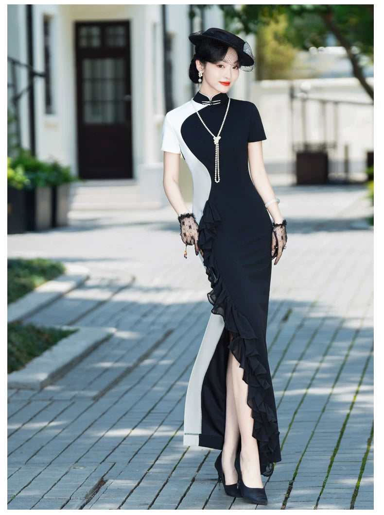Black and white modern qipao gown for the prom