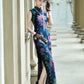 Sleeveless Qipao Gown with Vibrant, Colorful Patterns