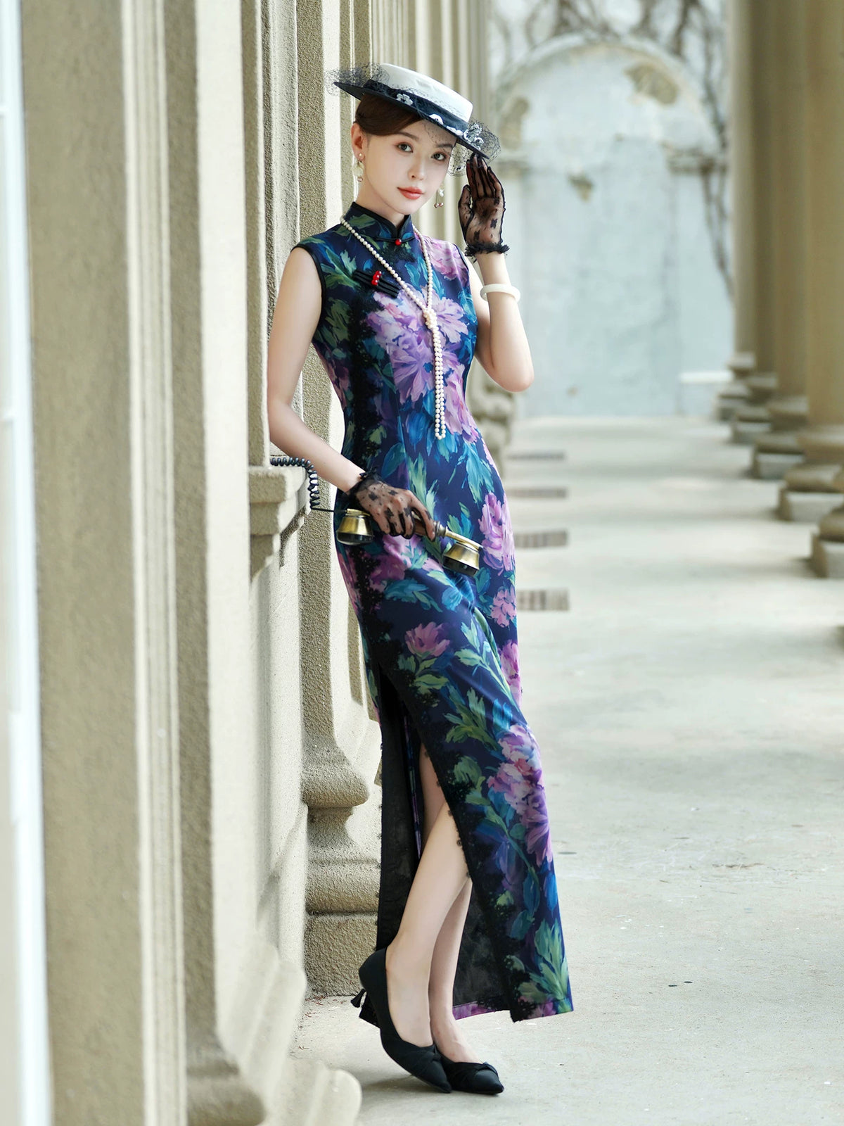 Sleeveless Qipao Gown with Vibrant, Colorful Patterns
