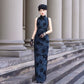 Blue sleeveless modern qipao gown