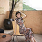Brown floral qipao gown with lace trim