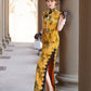 Yellow sleeveless modern qipao with a bamboo print.