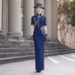 Short-sleeved blue embroidered modern qipao gown