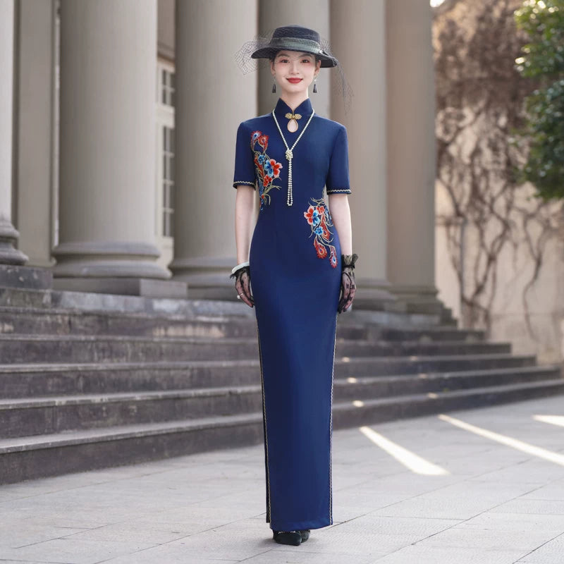 Short-sleeved blue embroidered modern qipao gown