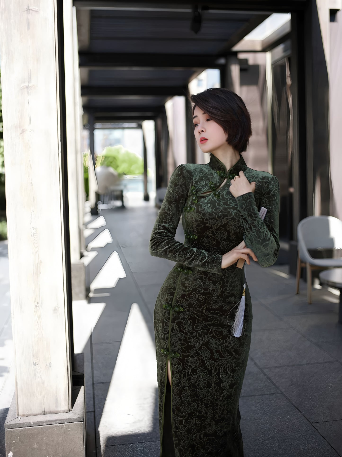 Carved velvet cheongsam dress