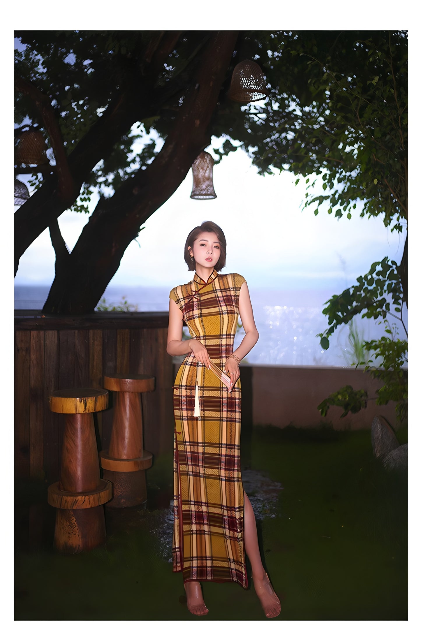 Modern qipao gown with a yellow plaid pattern