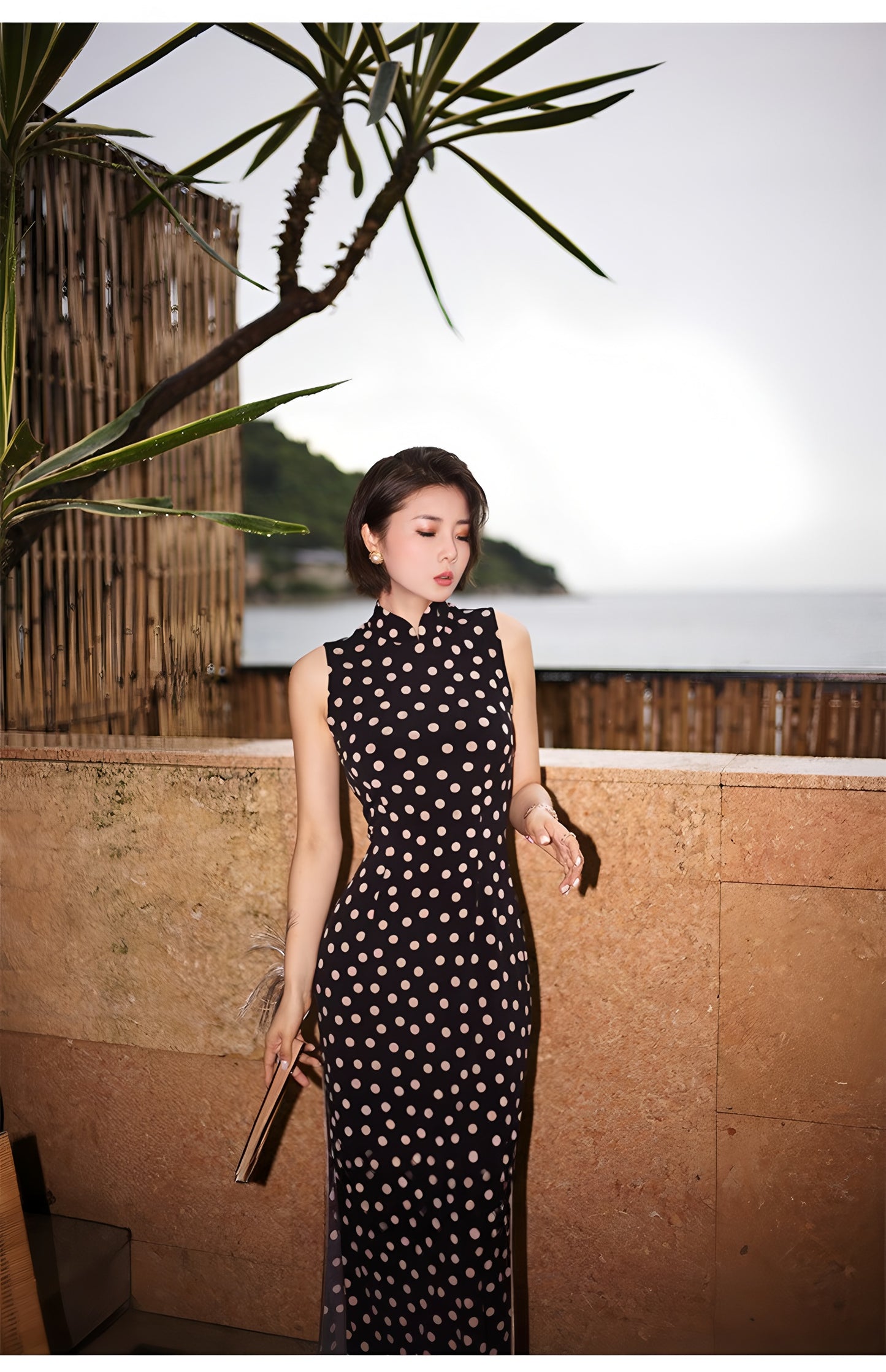 Black Polka-Dot Sleeveless Modern Qipao Gown