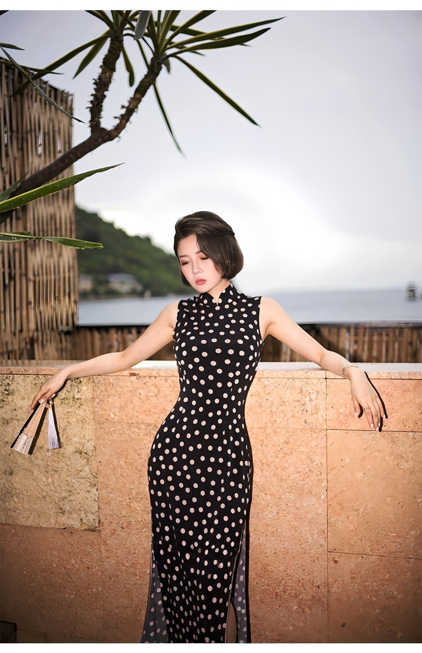Black Polka-Dot Sleeveless Modern Qipao Gown