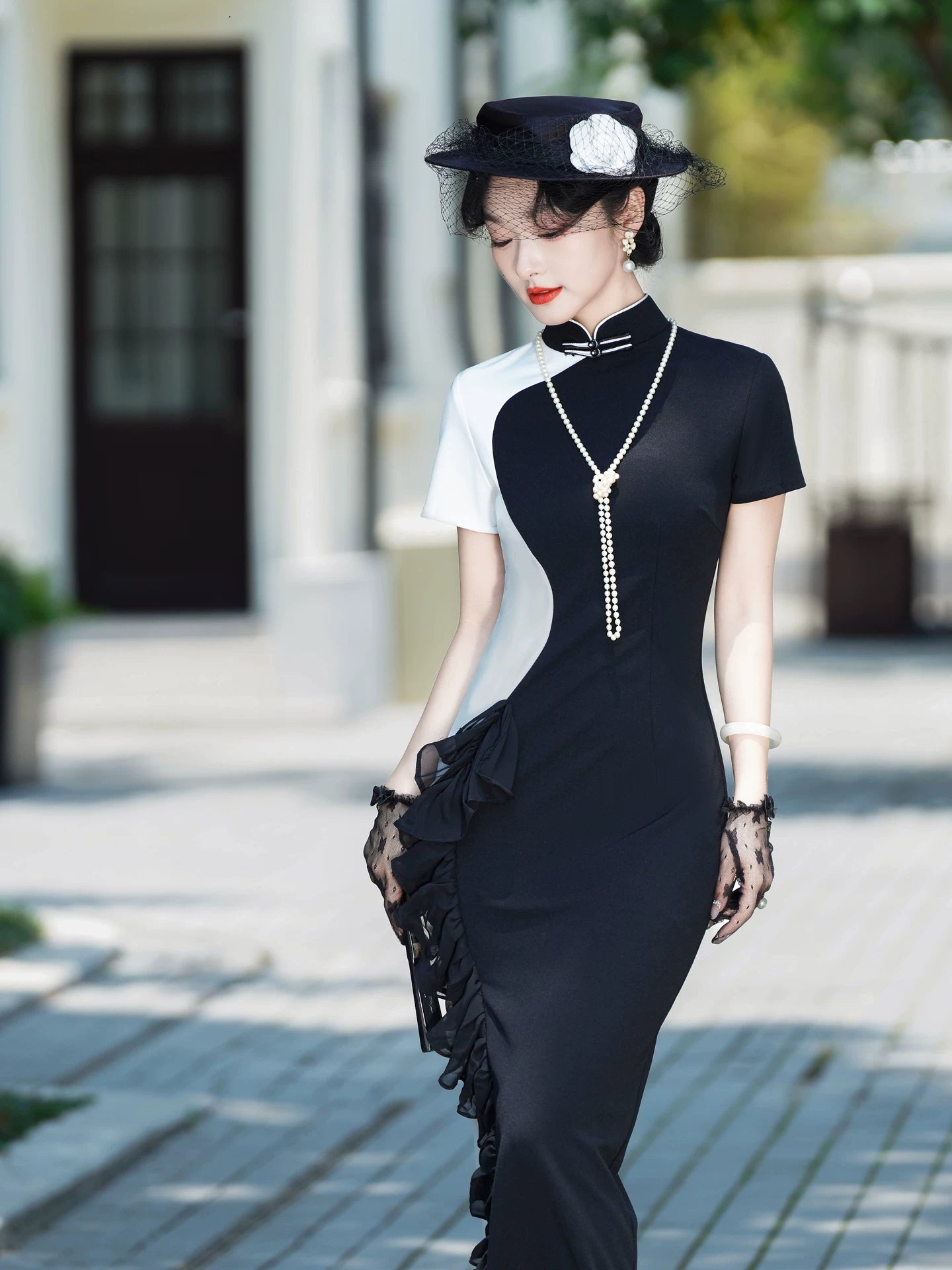 Black and white modern qipao gown for the prom
