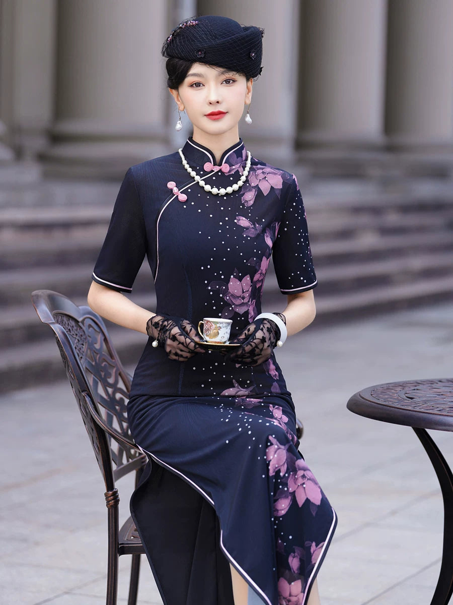 Deep blue floral qipao gown