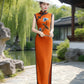 Orange sleeveless modern qipao gown