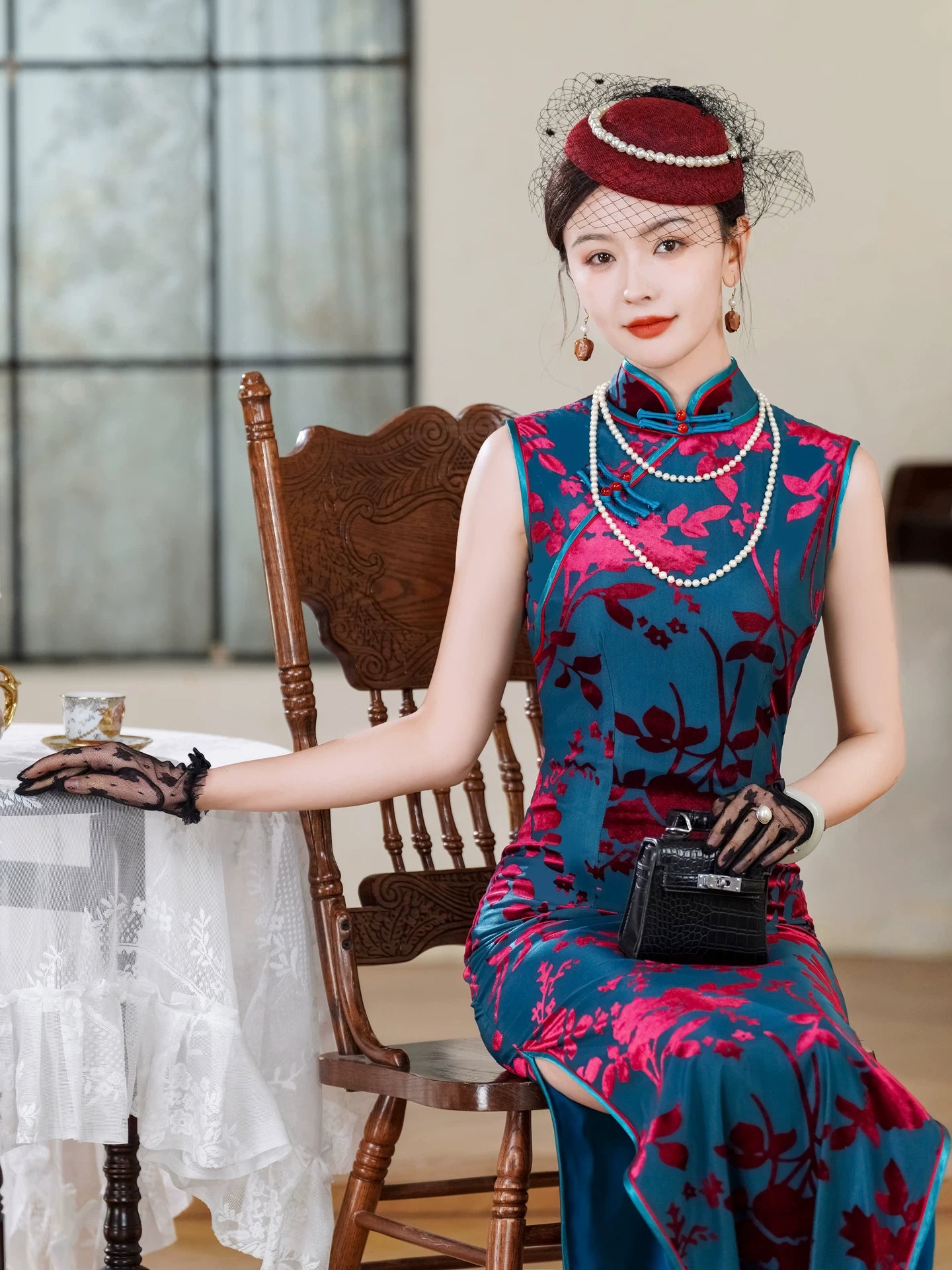 Modern velvet qipao gown with embroidery