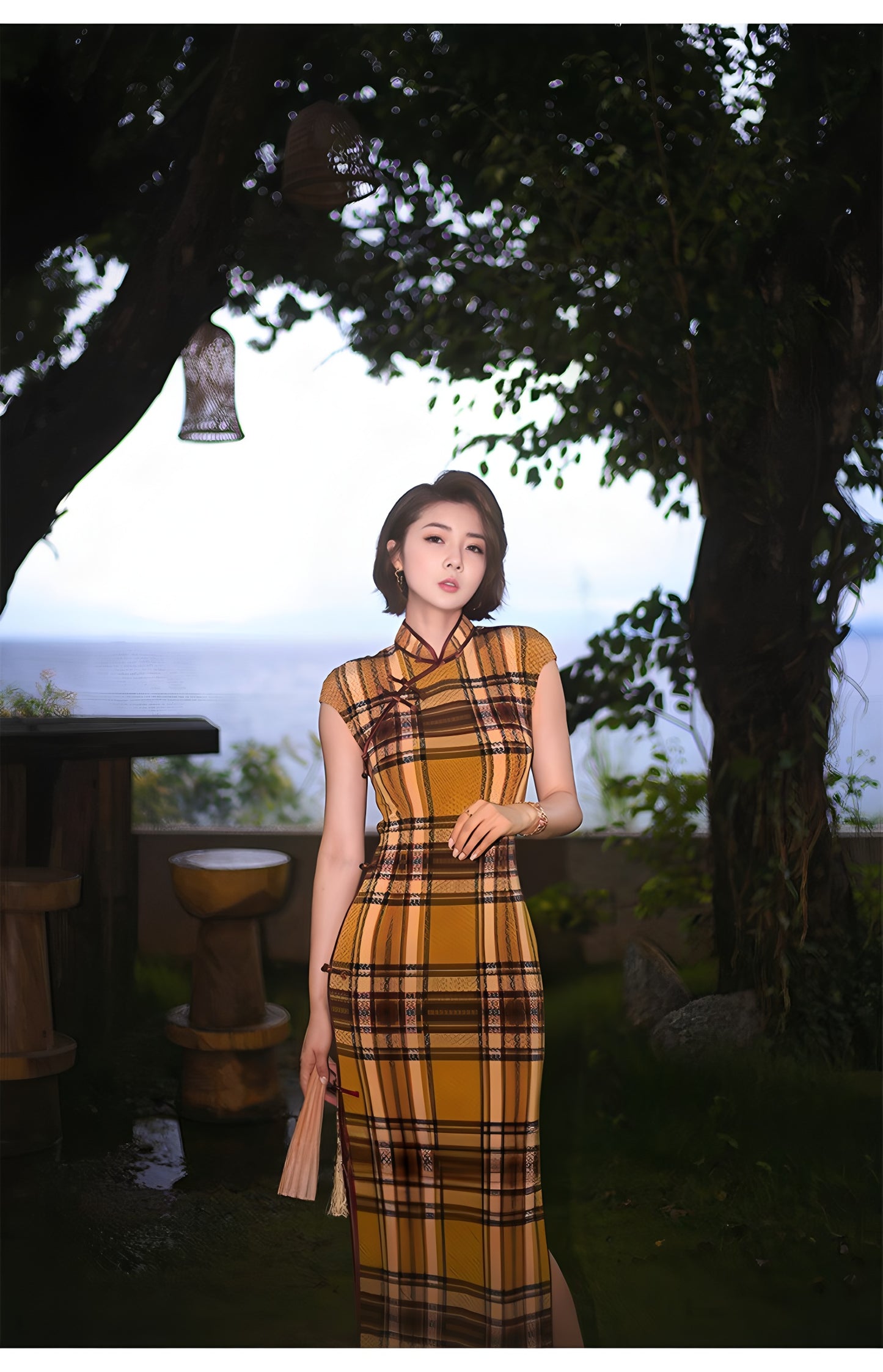 Modern qipao gown with a yellow plaid pattern