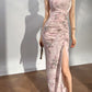 Modern qipao gown with a pink floral pattern