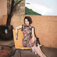 Brown floral qipao gown with lace trim