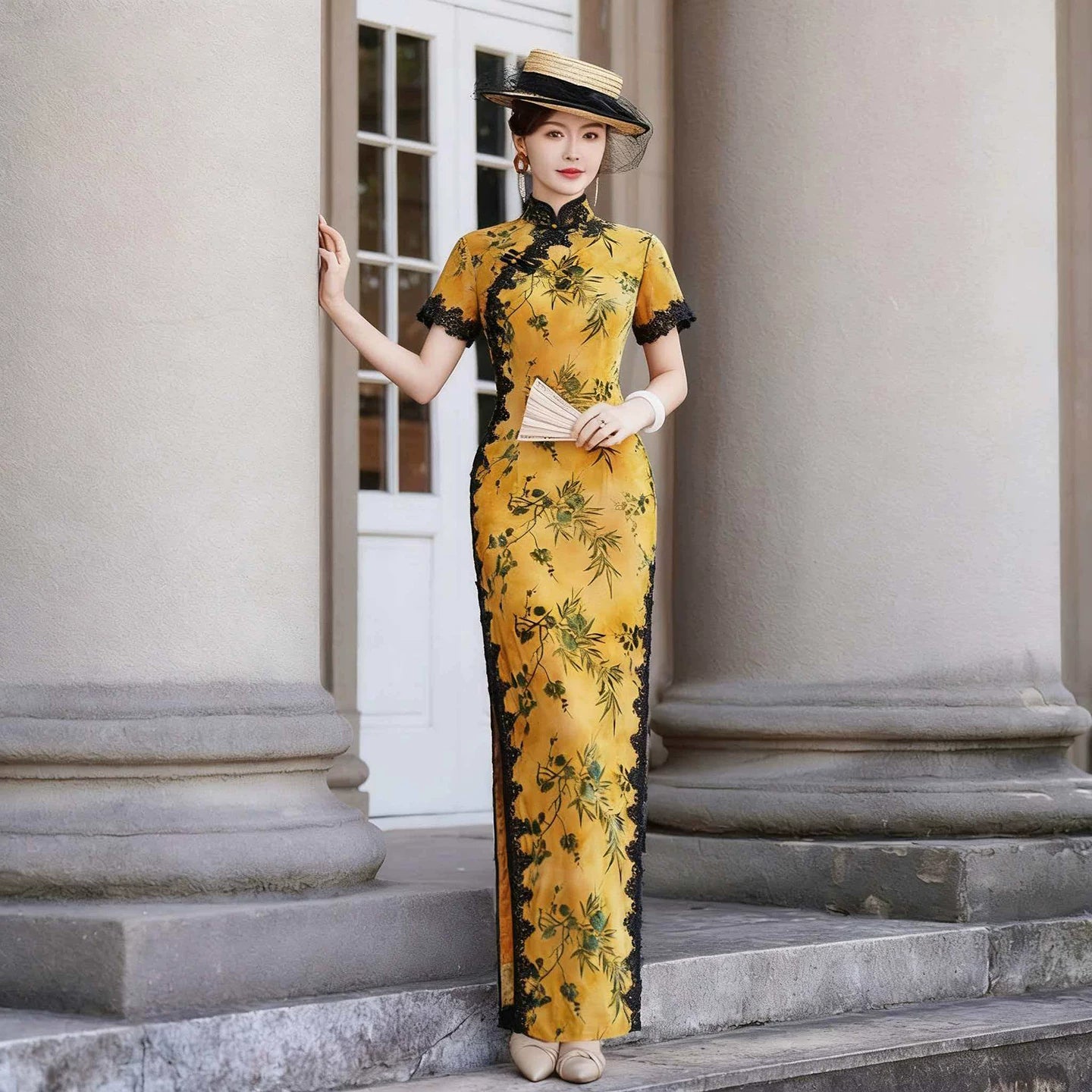 Yellow sleeveless modern qipao with a bamboo print.