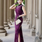Sleeveless purple modern qipao gown