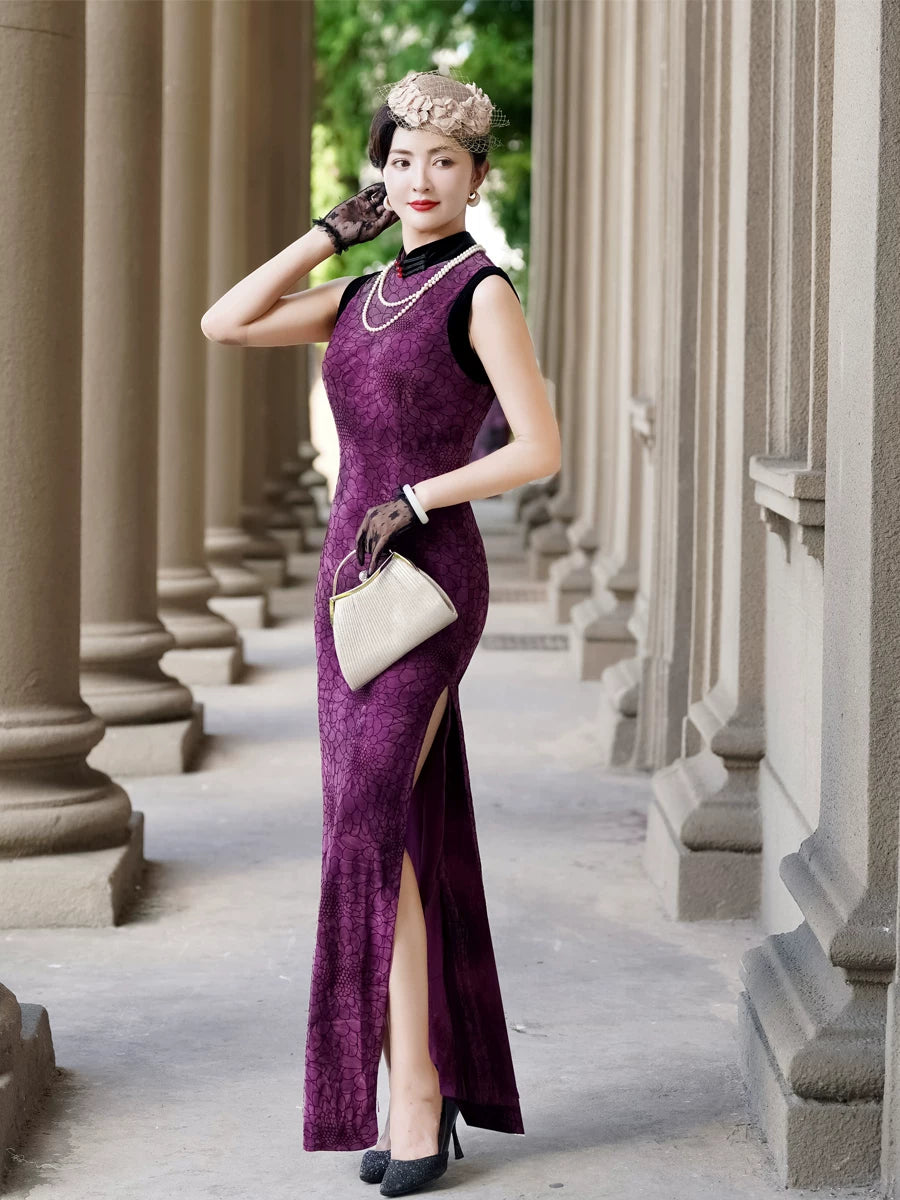 Sleeveless purple modern qipao gown