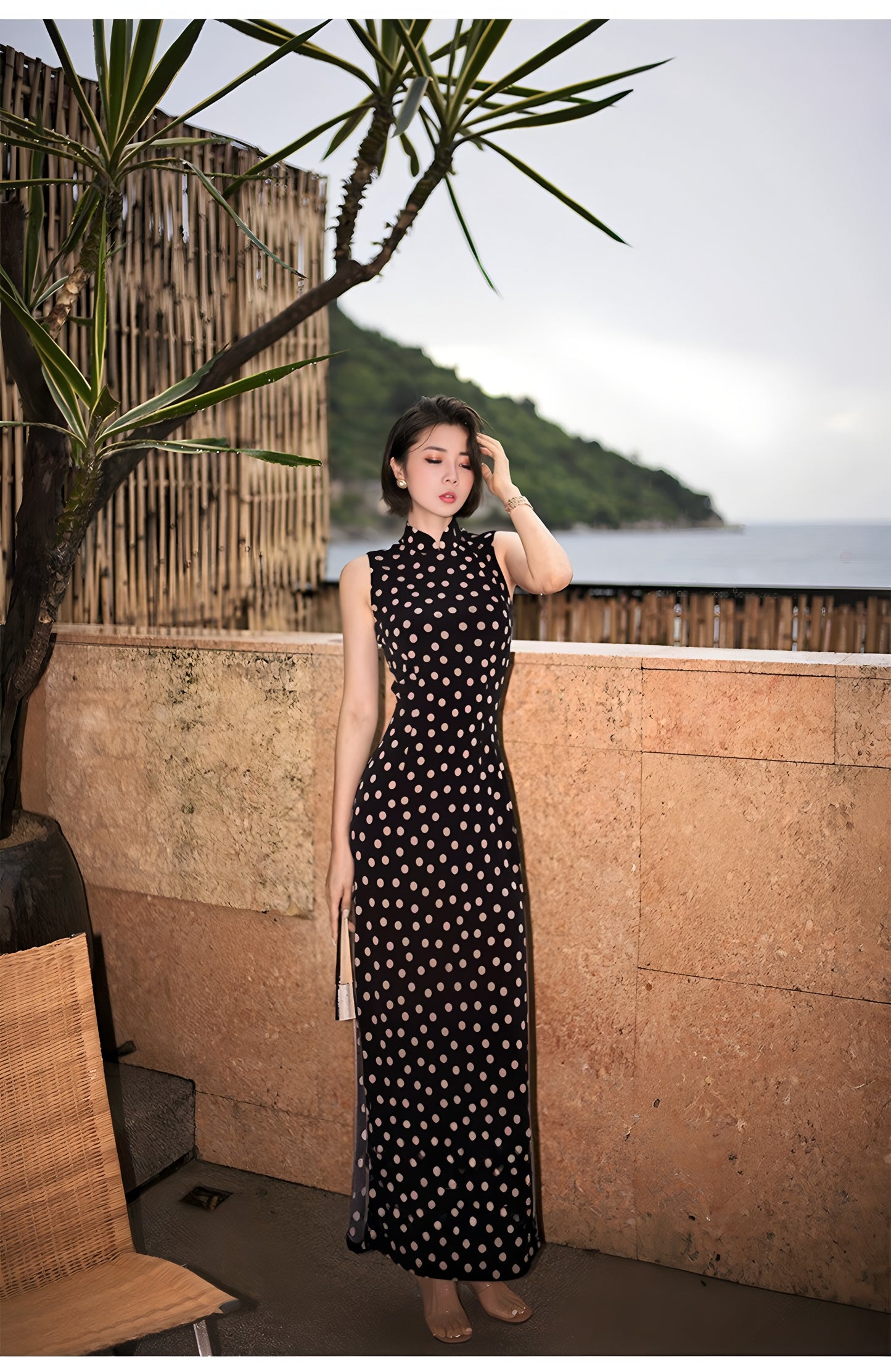 Black Polka-Dot Sleeveless Modern Qipao Gown