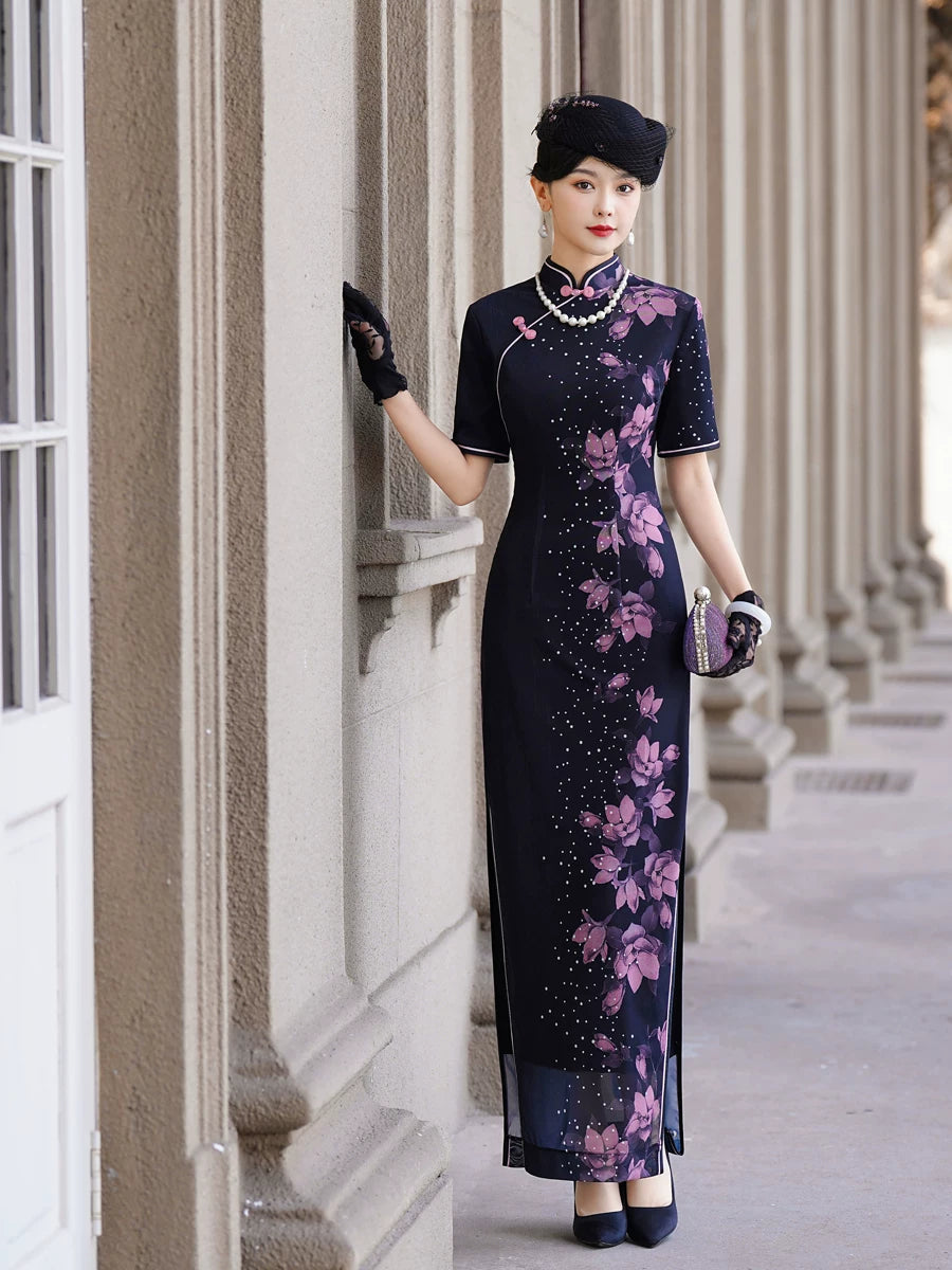 Deep blue floral qipao gown