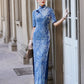 Modern blue embroidered qipao gown