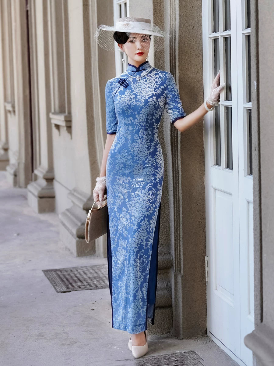 Modern blue embroidered qipao gown