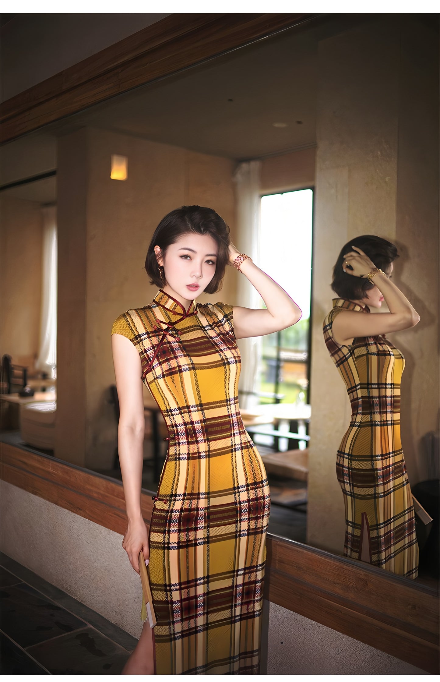Modern qipao gown with a yellow plaid pattern